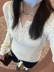 Sweet Floral Waffle Long Sleeve T-Shirt Autumn Round Neck Buttons Slim Cotton Top Clothes Woman Vintage Cute y2k Tee Tops