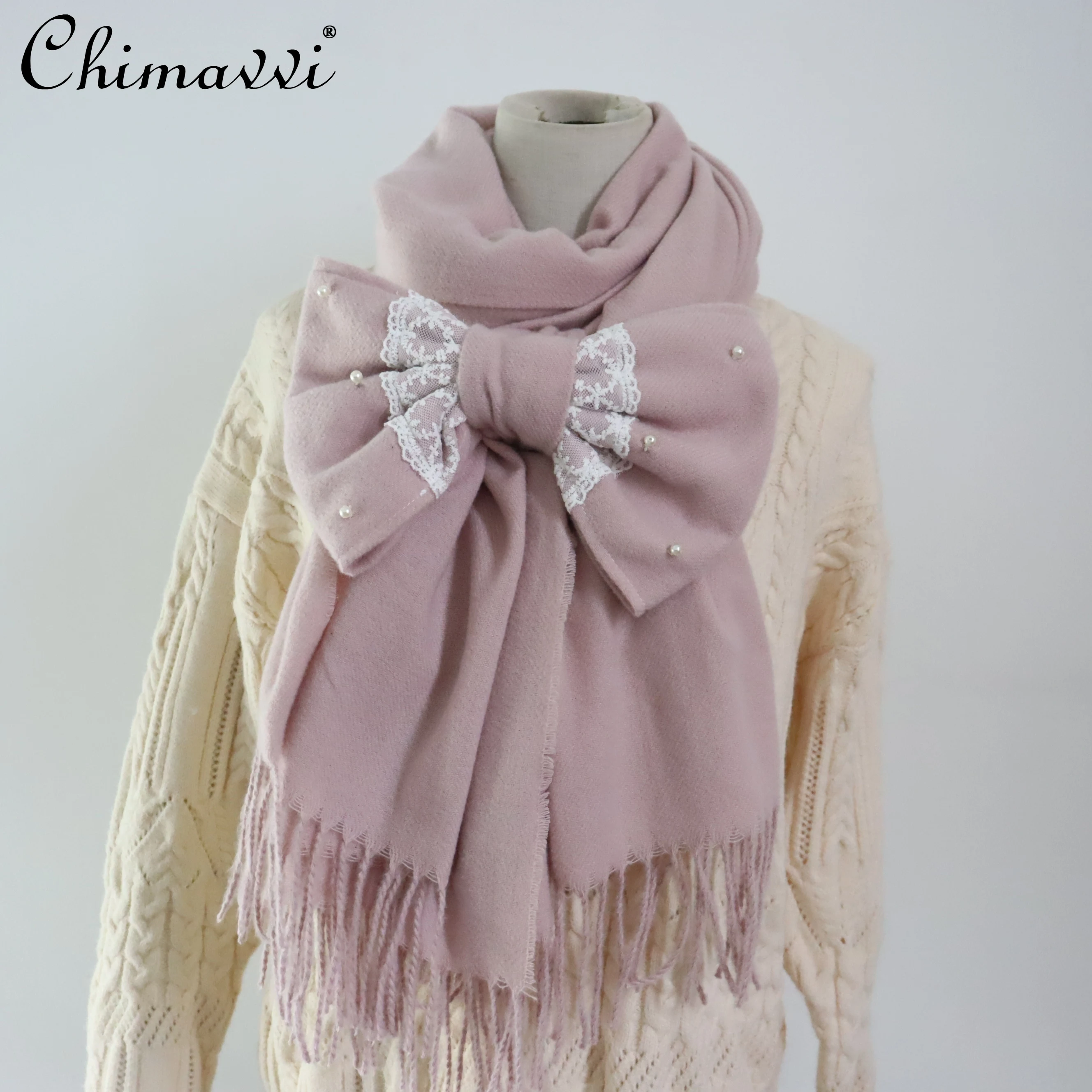 Japoński szal w stylu słodkim, apaszka z uroczą kokardką, jednolity kolor, uniwersalny, odpinany, lolita, dwufunkcyjny, uroczy, miękki szal dla dziewczyn.