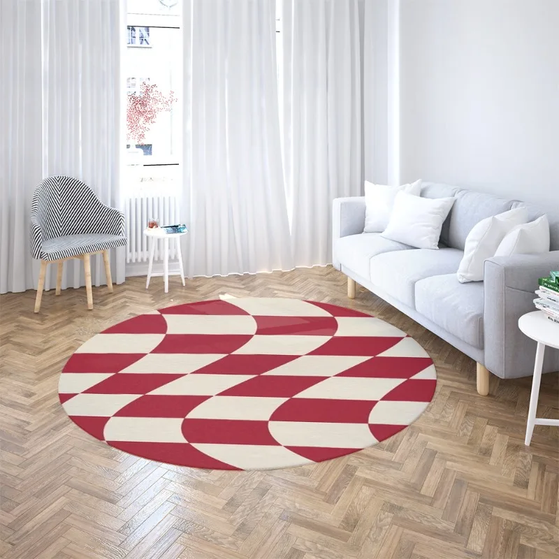 Distorted Check Round Area Rug Anti Slip Washable Circular Mat Retro Print Carpet For Boho Living Room Bedroom Makeup Desk Decor