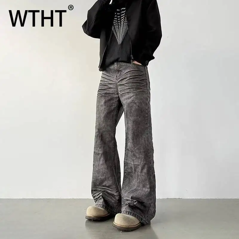 

WTHT Vintage Men's Pleated Do Old Design Loose Denim Pants Fashion 2026 Summer High Street Wide Leg Straight Jeans Male 2A3136