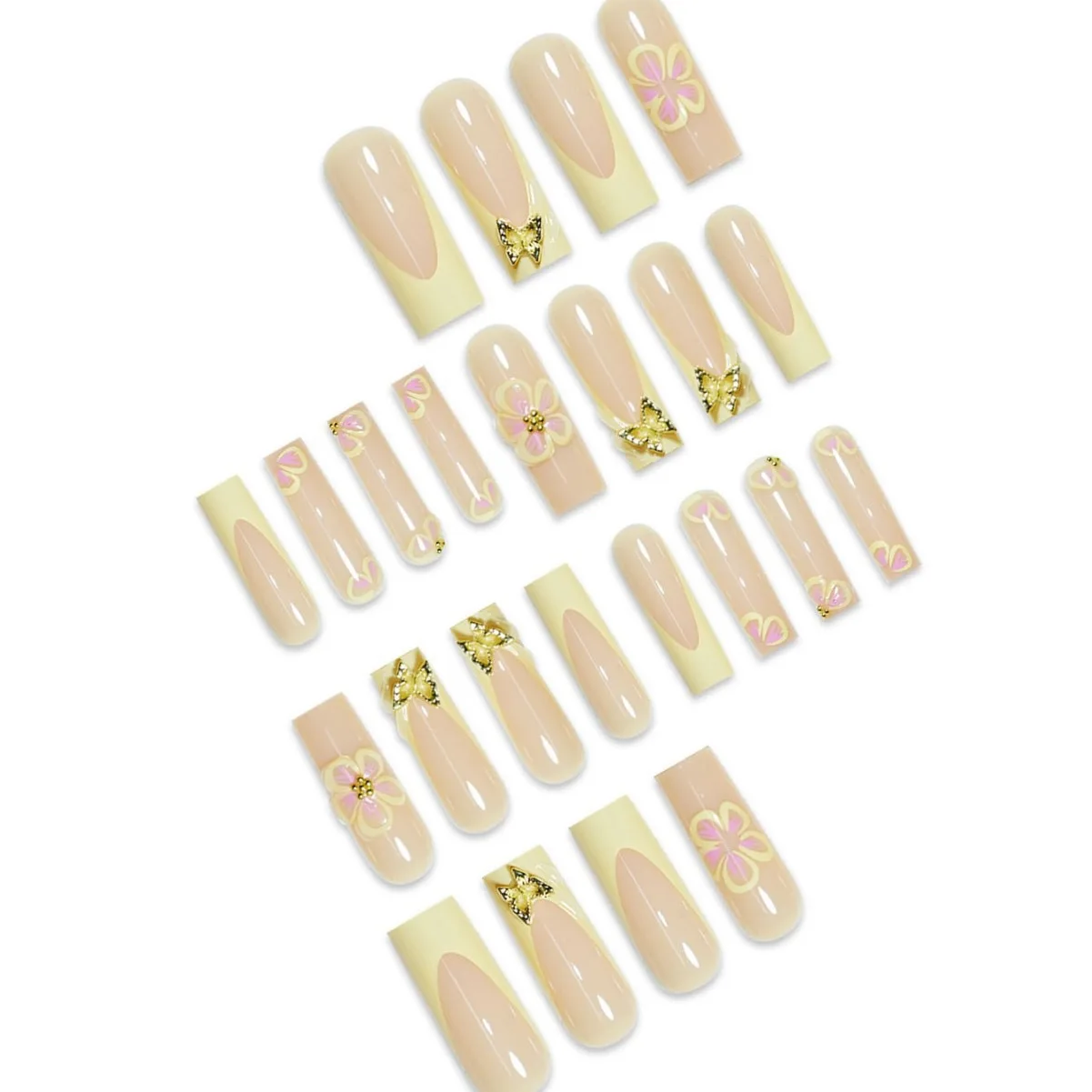 24 قطعة نعش طويل طازج الأظافر وهمية الأصفر النمط الفرنسي زهرة مطبوعة المعادن فراشة تصاميم اضغط على الأظافر الصيف أظافر صناعية