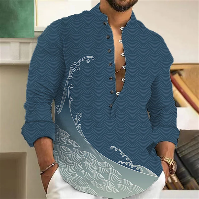 Camicia di lino misto, camicia casual a maniche lunghe con motivo a piccoli animali e piante stampata in 3D