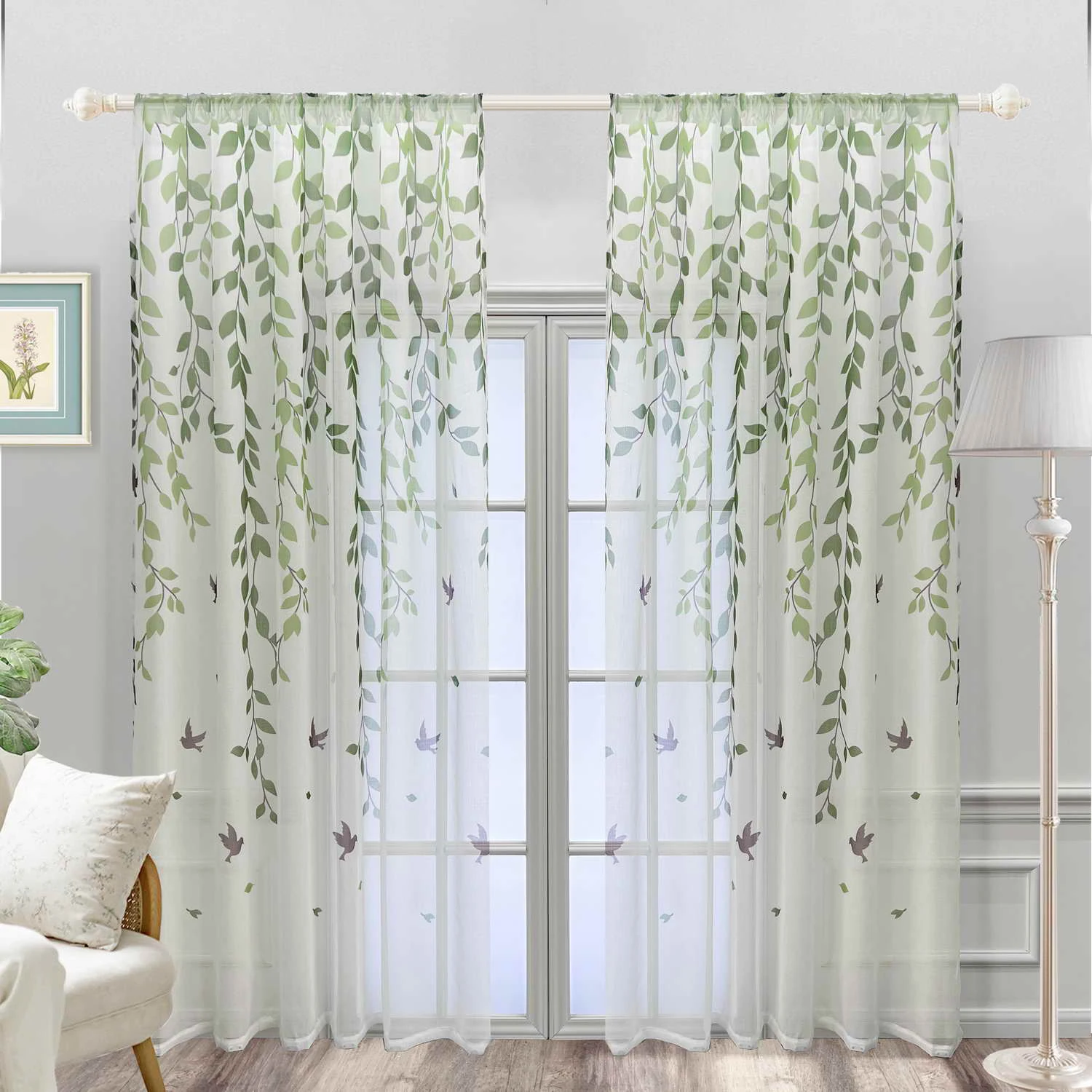 Field Green Vine Elegant Embroidered Transparent Sheer Tulle Curtain,Blinds,Bedroom,Living Room,Modern Home Decoration,Children