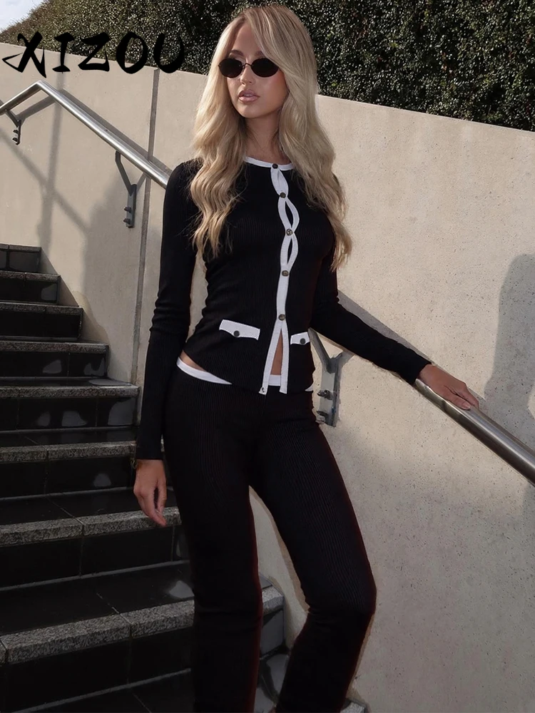 

XIZOU Casual Patchwork 2 Piece Set Women Single-Breasted Cardigan Full Sleeve Tops+Straight Pants Street Fashion Simple Set