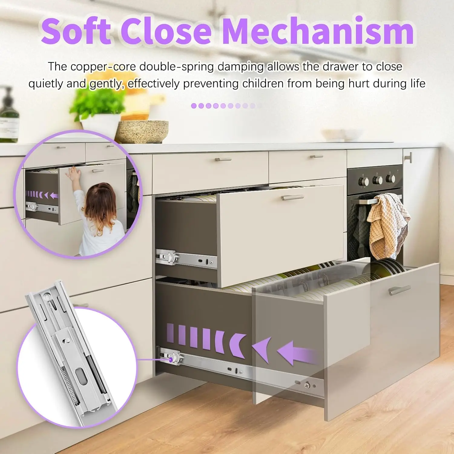 1Pair 304 Stainless Steel H4510 Soft Close Ball Bearing Drawer Slide Anticorrosive Runners Side Mounted Full Extension