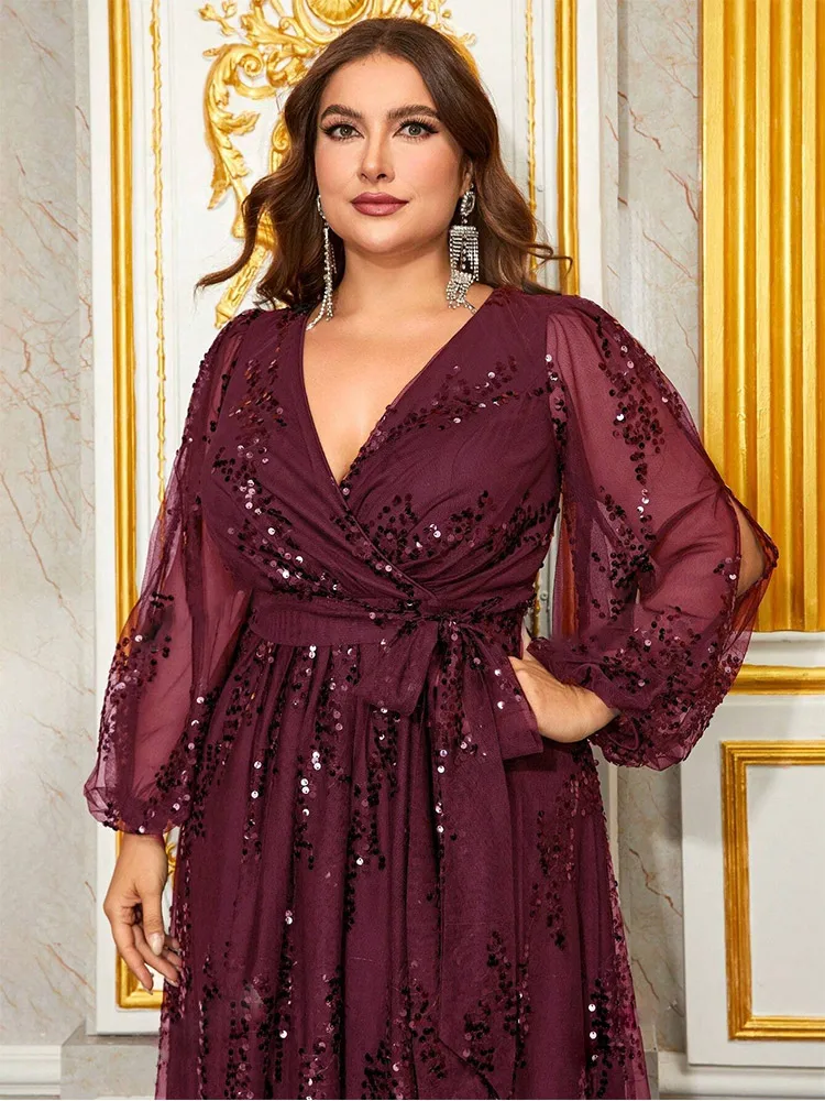 Plus Size Sequin Embroidery Sparkling Burgundy Floor Standing Banquet Evening Gown Big Size Luxurious Ball Party Prom Gown