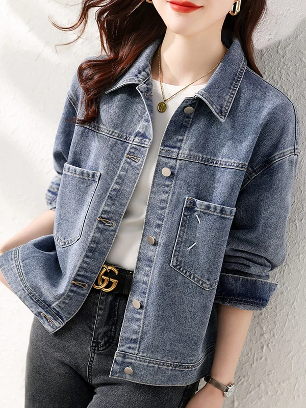 

Retro Loose Embroidered Denim ort Jaet Women's Faion Spring Outerwear Comfortable Breathable Warm Long Sve Collar