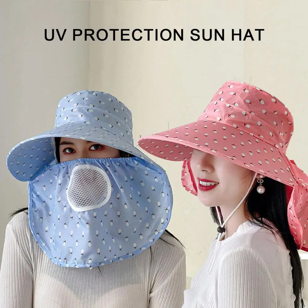 Women Summer Sun Hat Floral Print Large Brim Sunscreen Face Guard Sun Cap Shawl Design Outdoor Tea Hat 태양모