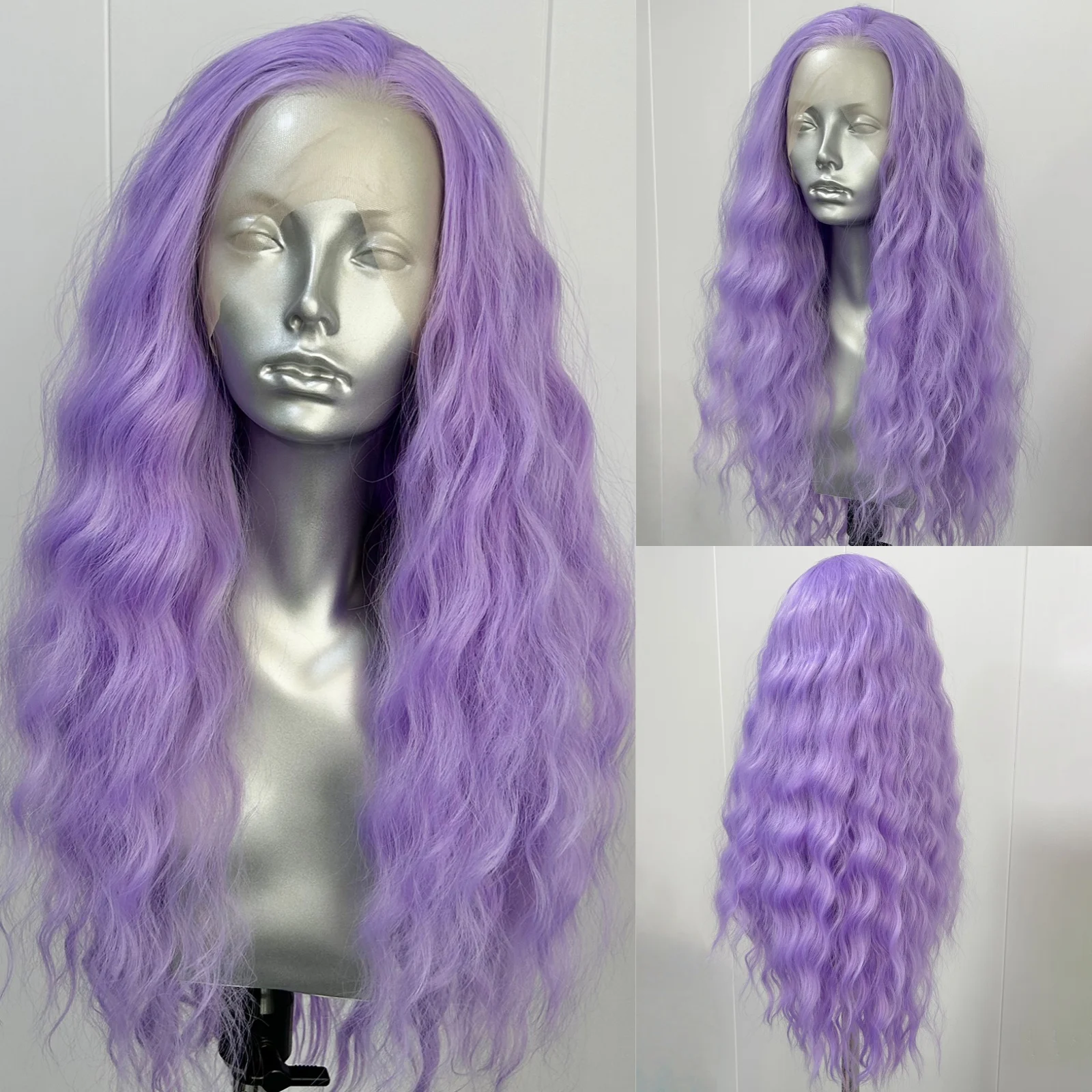Long Curly Wavy Light Purple Synthetic 13X4 Lace Front Wigs for Women Free Part Loose Deep Wave Lavender Colored Cosplay Party