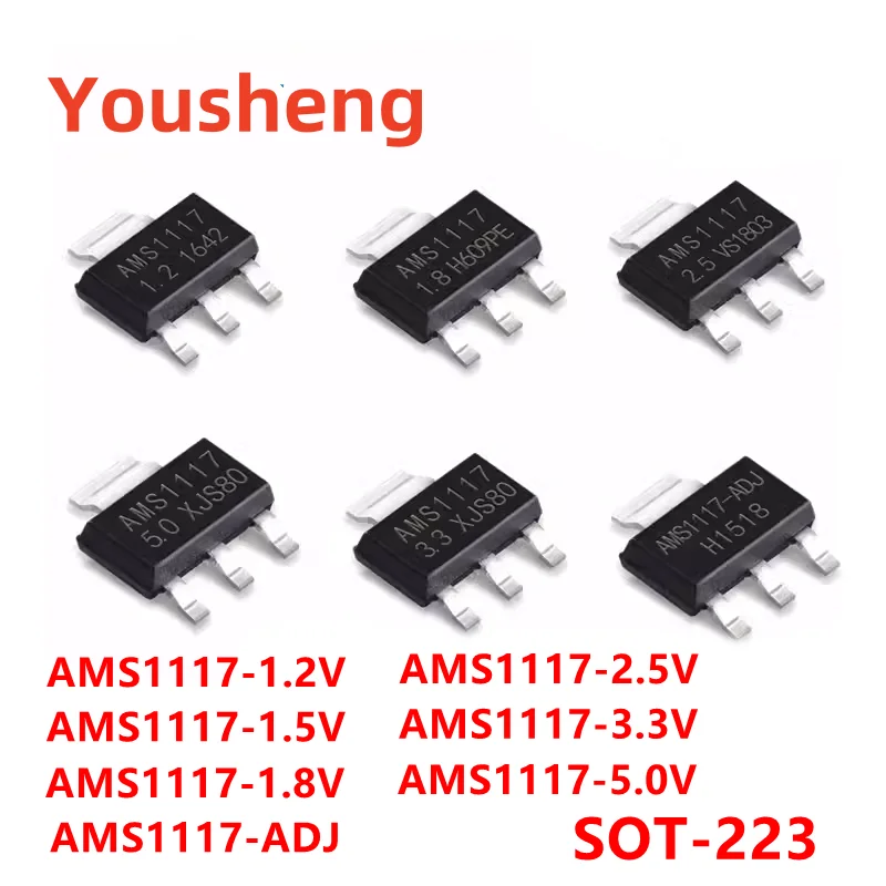 10PCS Regulador de tensão IC, AMS1117, AMS1117-3.3V, AMS1117-2.5V, AMS1117-1.8V, AMS1117-1.5V, AMS1117-1.2V, AMS1117-ADJ, SOT223