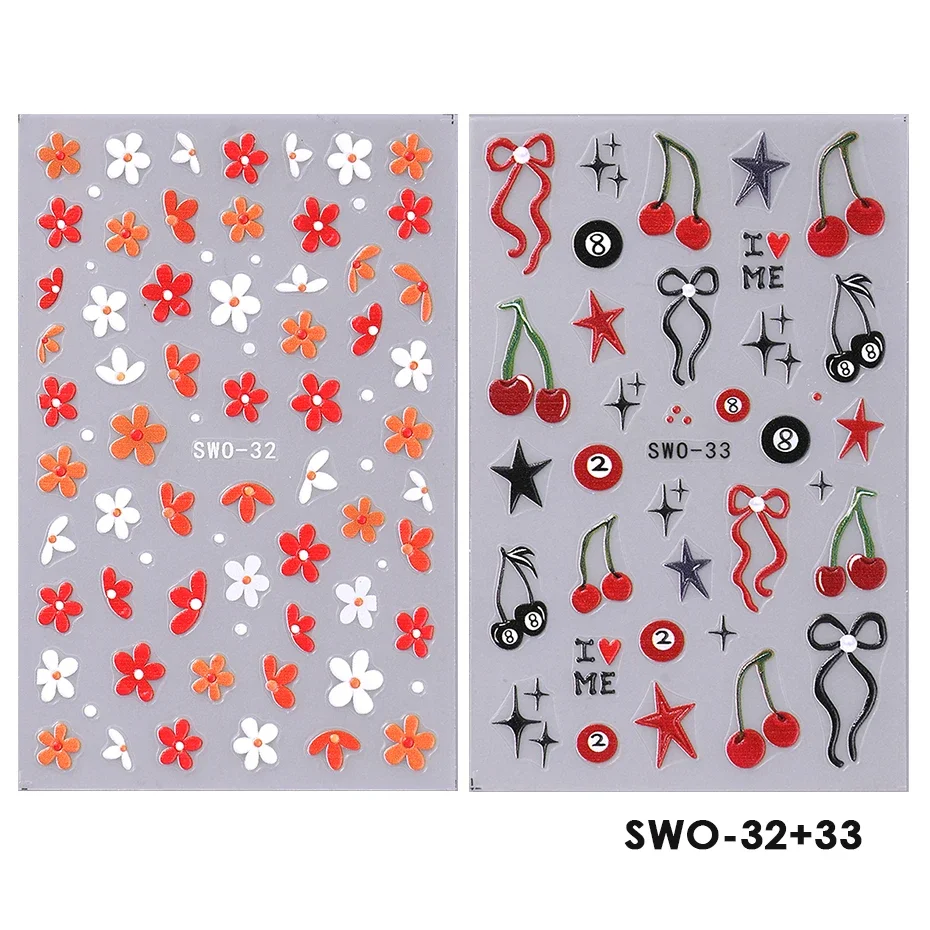 2 stuks zoete element nail art stickers eenvoudige bloem hart kersen aardbei kawaii stickers kleurrijke boog vlinder manicure sliders