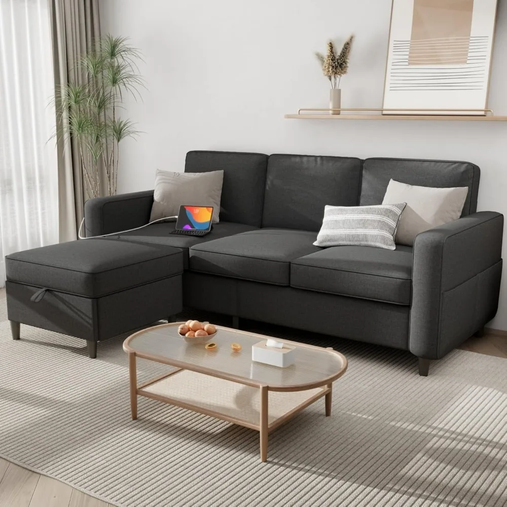 

L-Shape Corner Sofa, Linen, Oak Wood, 3 Seat, Sectional, Modular, Washable Covers, Storage Chaise, Recliner, USB