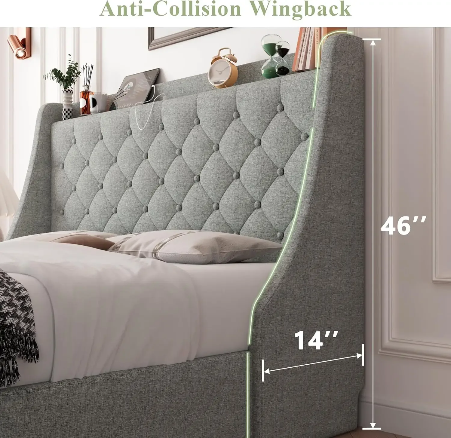 Queen Size Bed Frame with 4 Storage Drawers, Upholstered Storage Bed with Charging Station, Tufted Wingback Storage Headboard