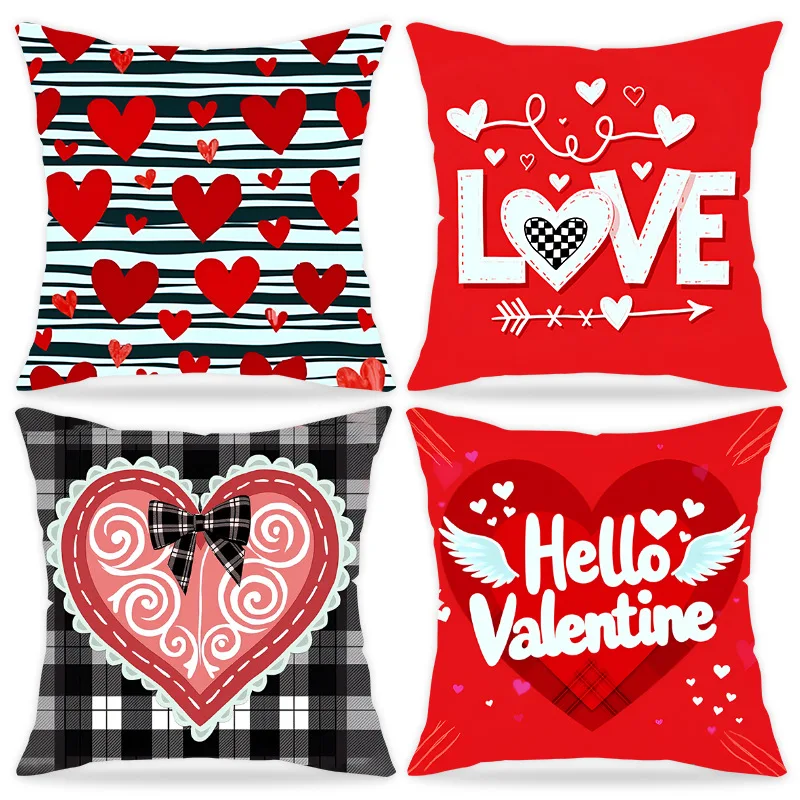 Valentine's Day Linen Pillow Covers Heart Letter Pattern Cute Cushion Cases for Home Decor Sofa