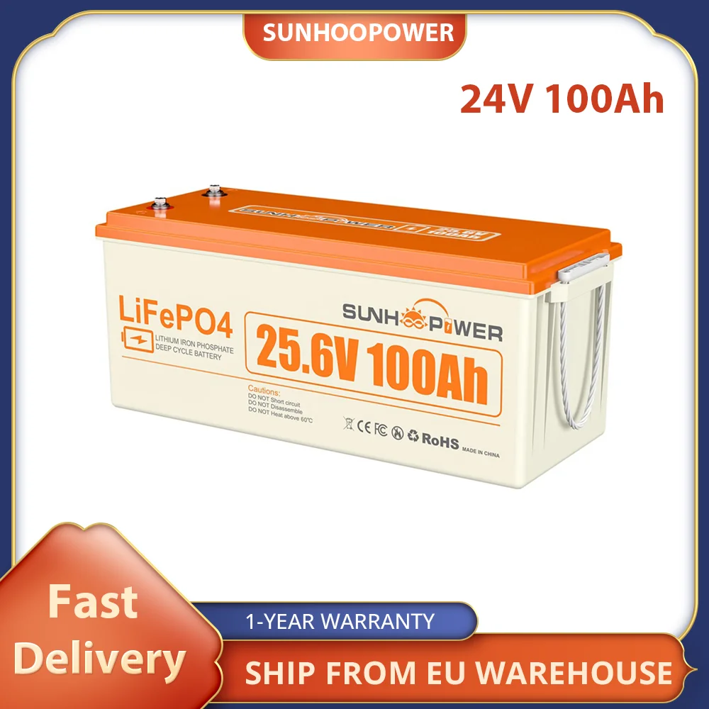 SUNHOOPOWER 24V 100Ah LiFePO4 Battery, 2560Wh Energy, Built-in 100A BMS, Max.2560W Load Power, Max. 100A Charge/Discharge, IP68