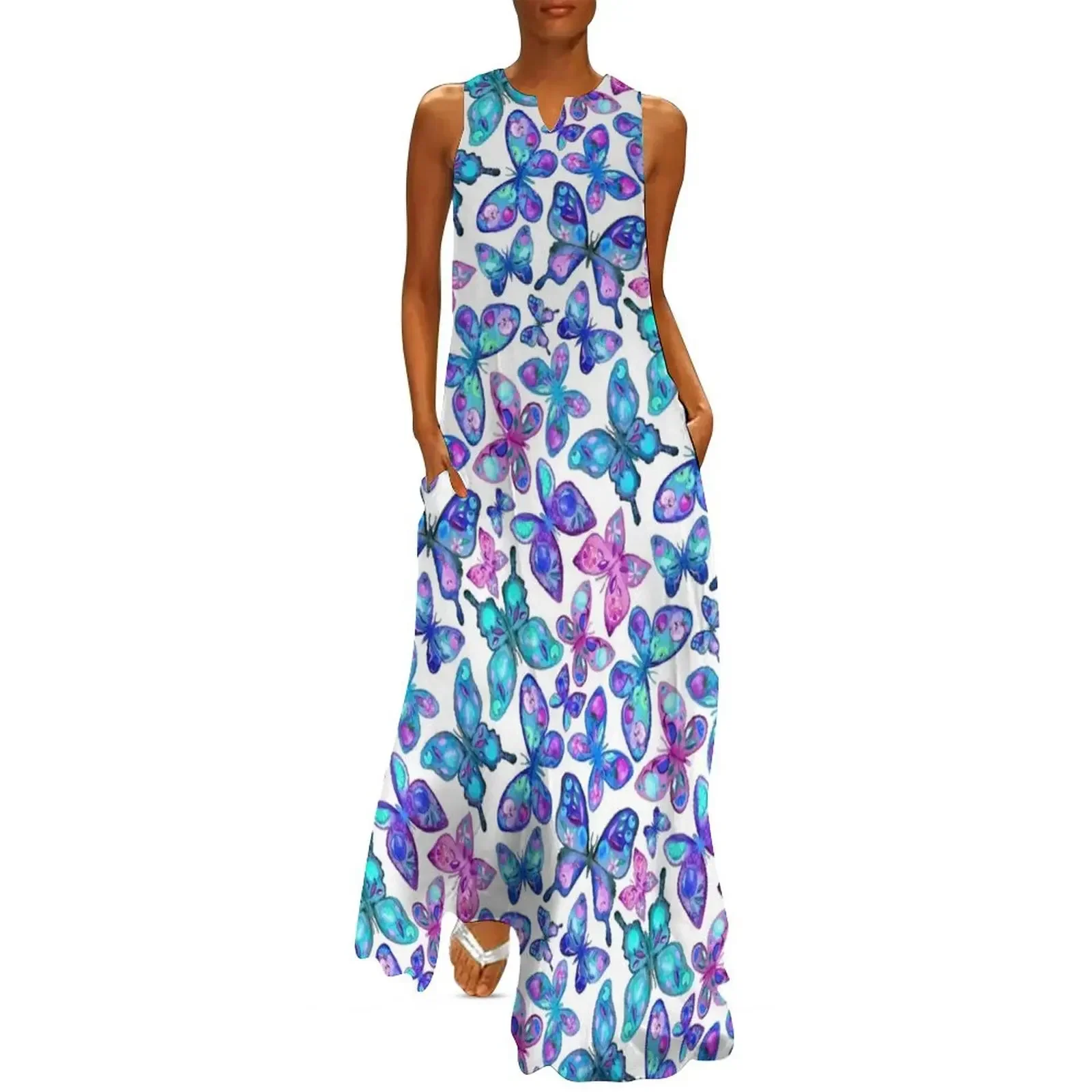 

Watercolor Fruit Patterned Butterflies - aqua and sapphire Long Dress dress korean style Women's dress party dresses women
