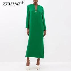 Spring Deep V-neck Pure Long Dresses Women 2024 Elegant Full Sleeve Side Split Party Dress Autumn Casual Straight Pullover Dress