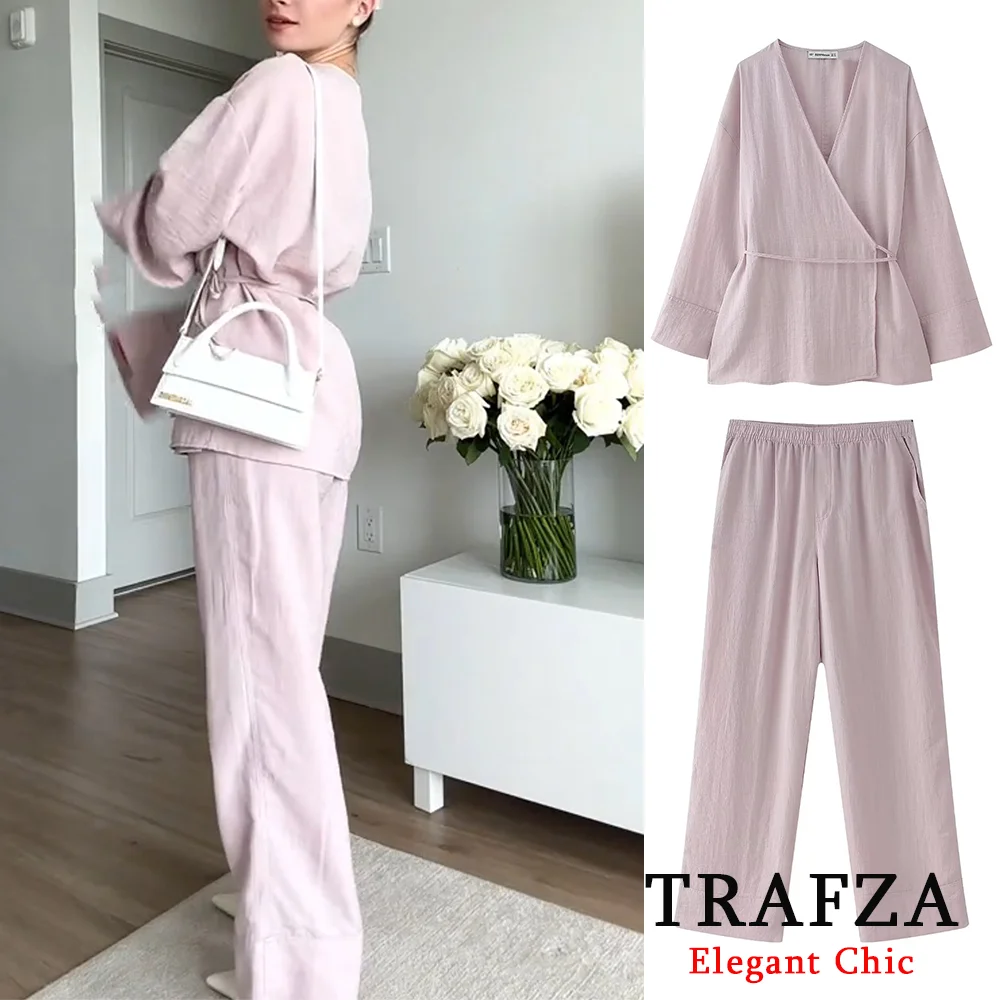 TRAFZA Women\'s 2-piece Retro Textured Double-breasted Kimono Style Coat + Elastic Waist Pockets And Pajama Style Loose Trousers