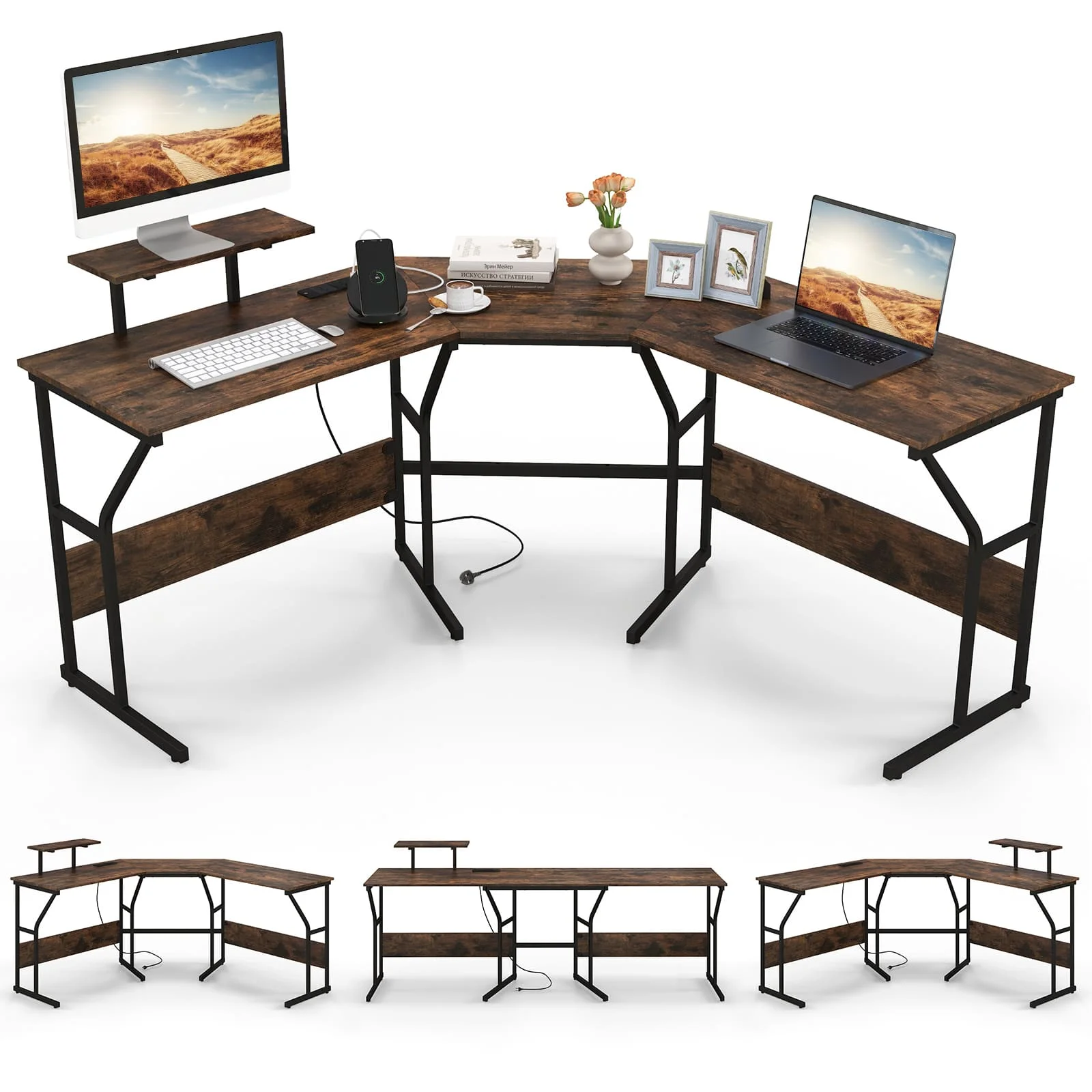 GOFLAME L-shaped Desk Corner Computer Desk Computer Workstation-Coffee