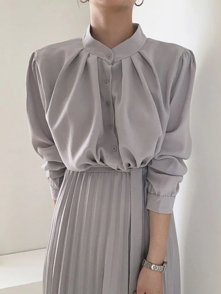 Ele mat longue longueur genou Wrap Dr femme coupe ajustée col montant simple bouton jupe trapèze Maxi Dr