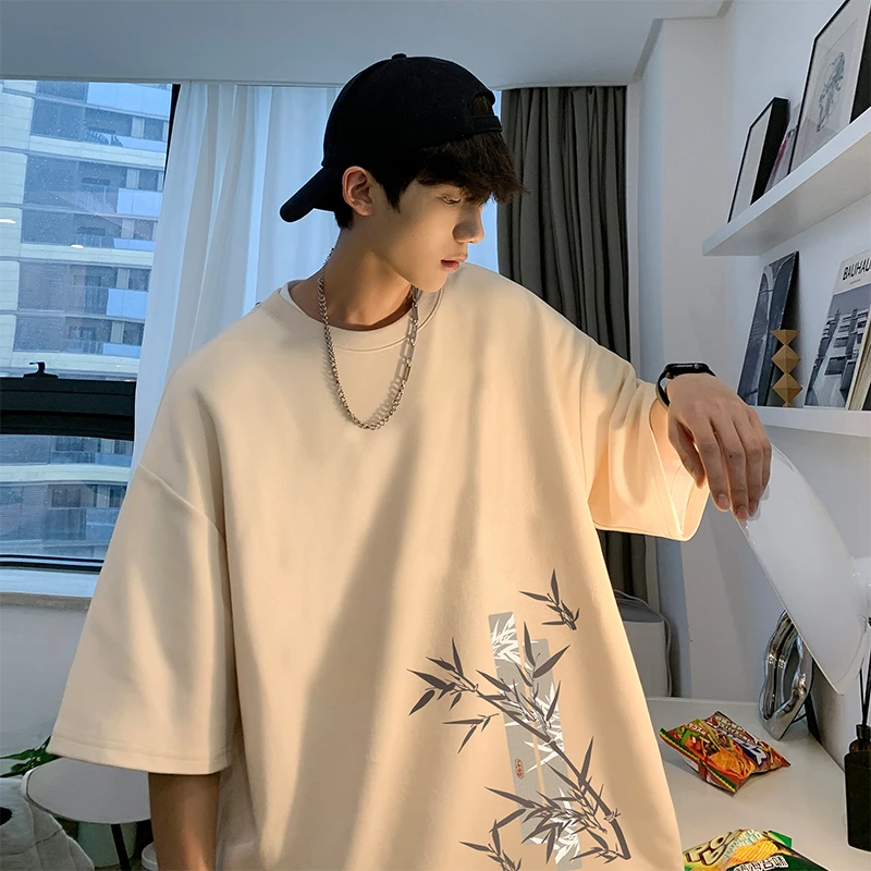 Men\'s Cotton Oversized Bamboo T-shirt Printed Loose Tops Tshirts Men Clothing Breathable Casual Short Sleeve Tees Streetwear