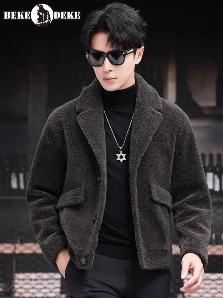 

Winter Thicken Mens 100% Wool Coat Turndown Collar Business Casual Outerwear Single Breasted High Quality Sheep Shearing Jacket
