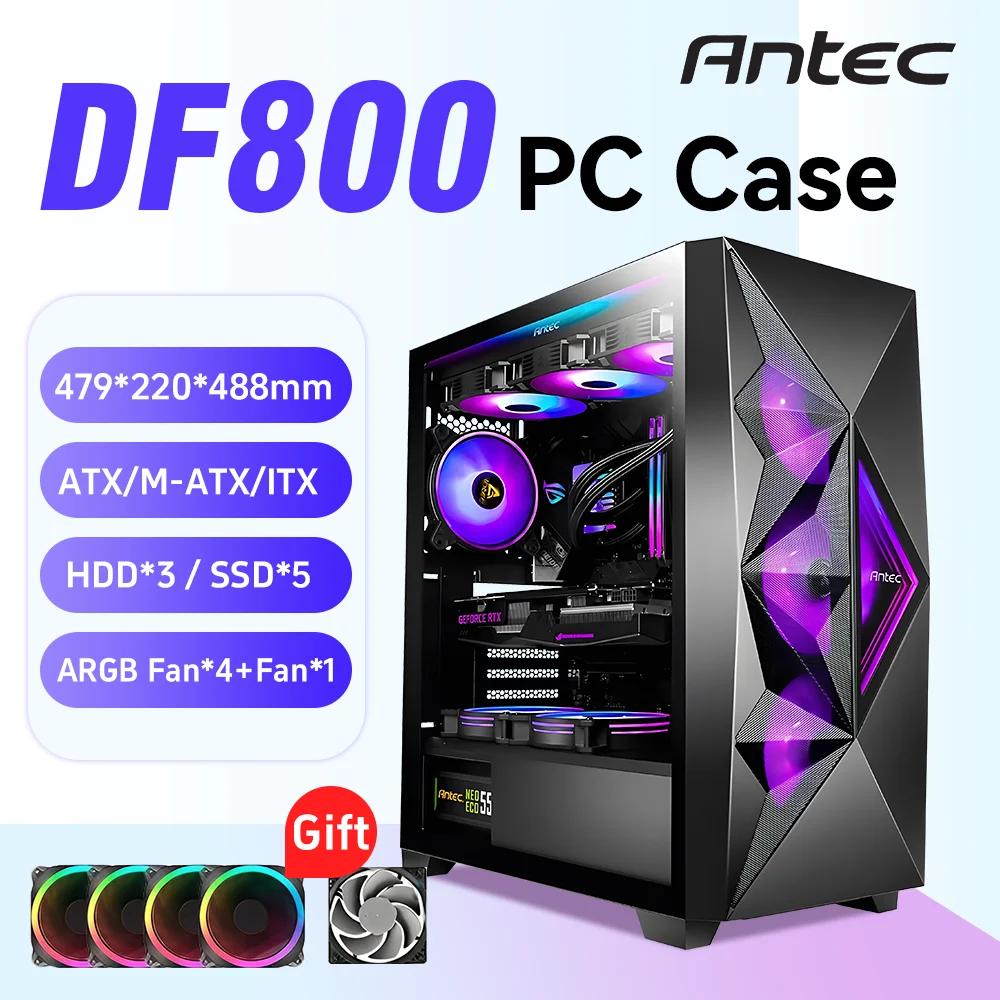 Antec DP503 Tempered Glass Side Translucent Chassis Case LED E-ATX ATX Lightning 3 PIN ARGB PC Case Computer Graphics Card Case