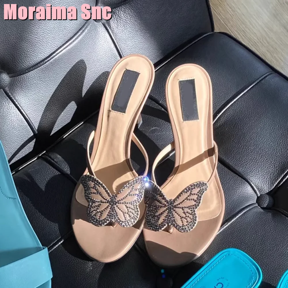 Crystal Butterfly Decor Clip Toe Slippers Kitten Heel Pink Solid Sexy Elegant Women Wedding Shoes Summer Slides Slip On Unique