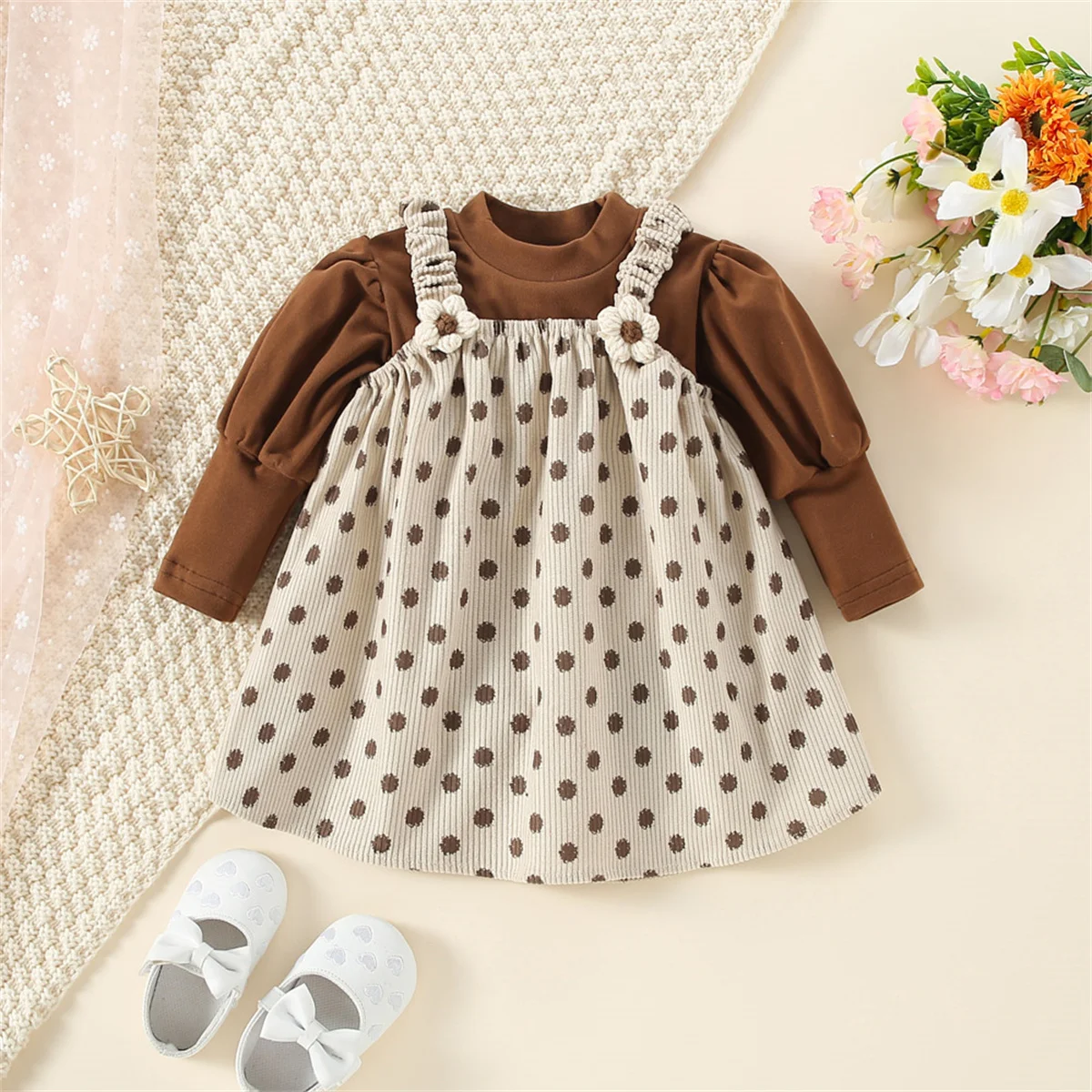 Autumn Girls' Cute Two Piece Set Long Sleeve Polka Dot Dress Knitted Bottom+Flower Doll Skirt Mori Daily Skirt