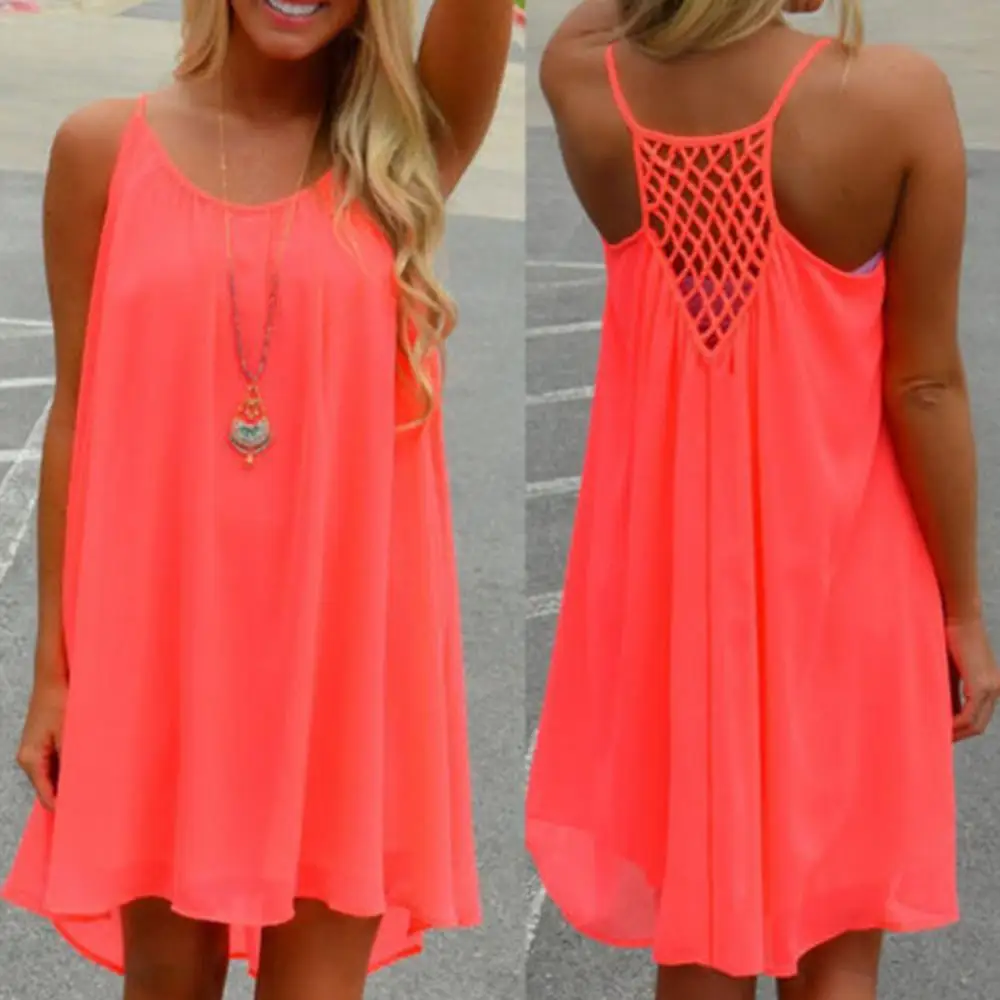 Women Summer Solid Color Sleeveless Grids Backless Large Hem Sling Mini Dress