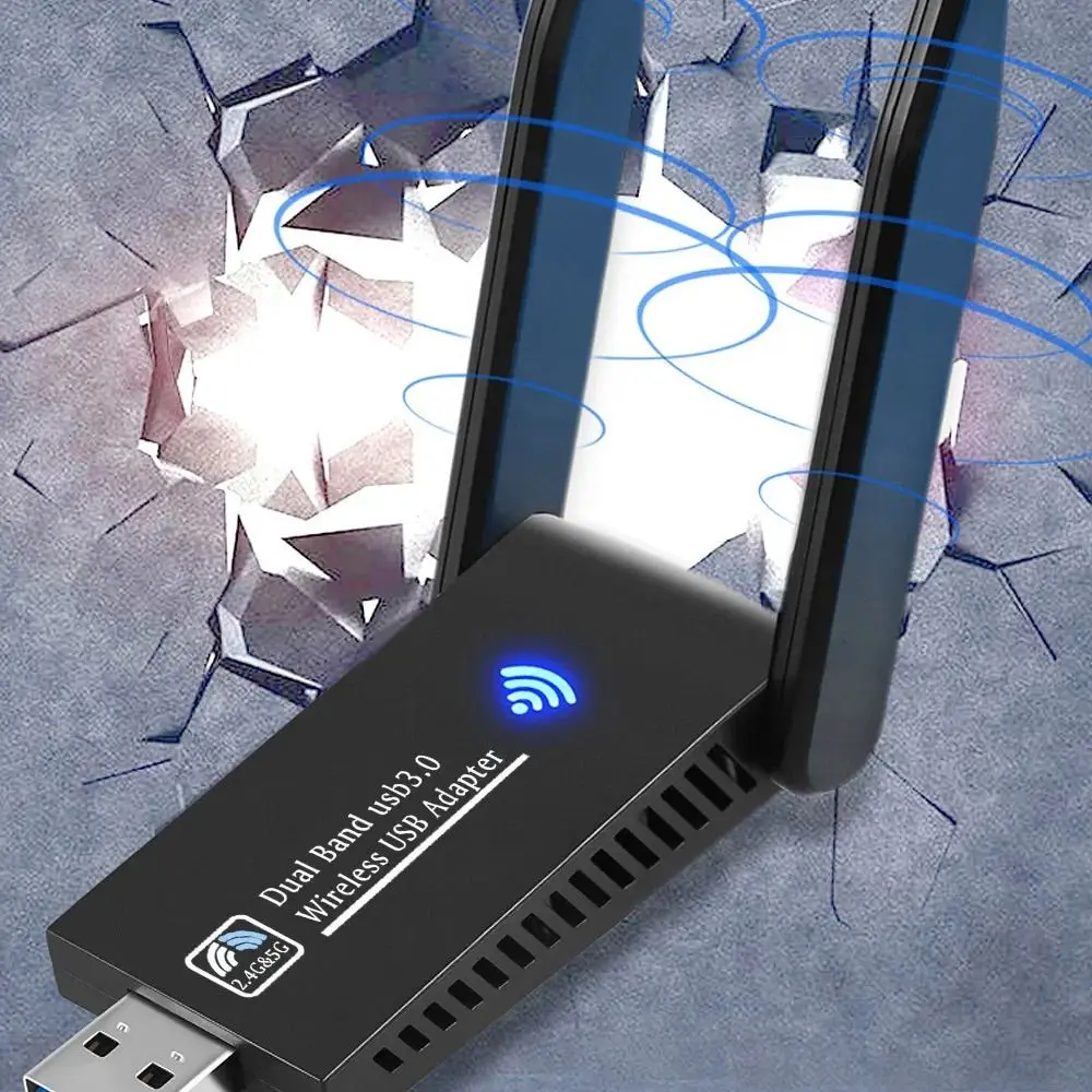 Adaptor USB WiFi Dual Band Desain 2 Antena 2.4G/5Ghz 1300Mbps Dongle WiFi Kartu Jaringan Nirkabel Bebas Driver yang Kuat