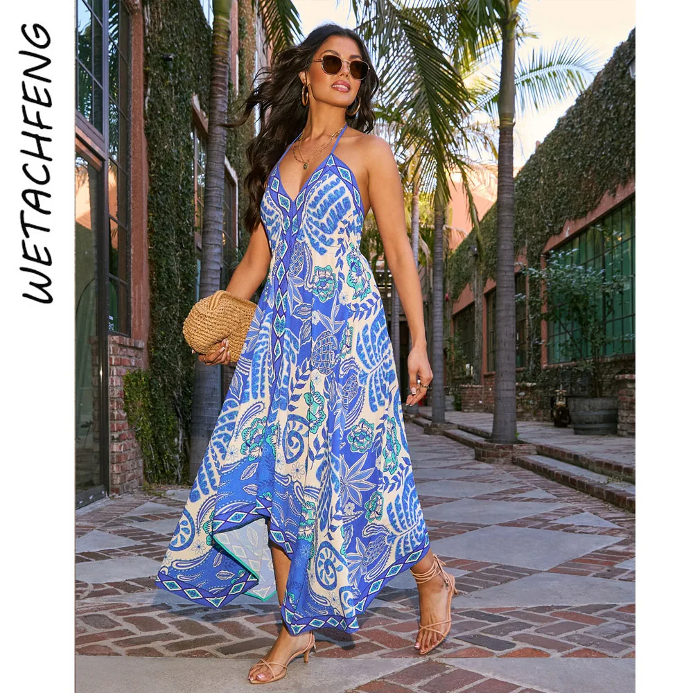 Sexy Elegant V Neck Floral Maxi Dresses Women Summer Holiday Boho Beach Evening Printed Slip Dress Clothes 2025 Fashion Robe