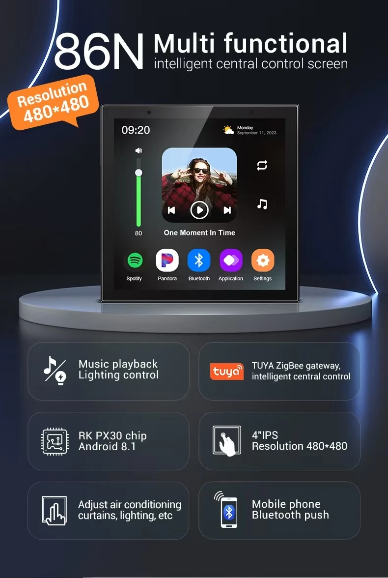 LUONA Tuya Smart Life 86N 4 Inch IPS Smart Screen for Gateway Panel Music Center with Built-in Amplifier for Home