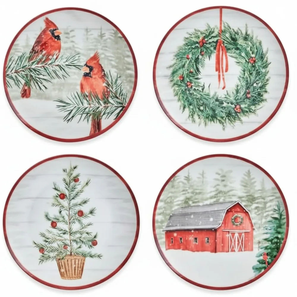 

Набор праздничных рождественских тарелок для салата из 4 шт., 9-дюймовая праздничная столовая из костяного фарфора для семейных встреч