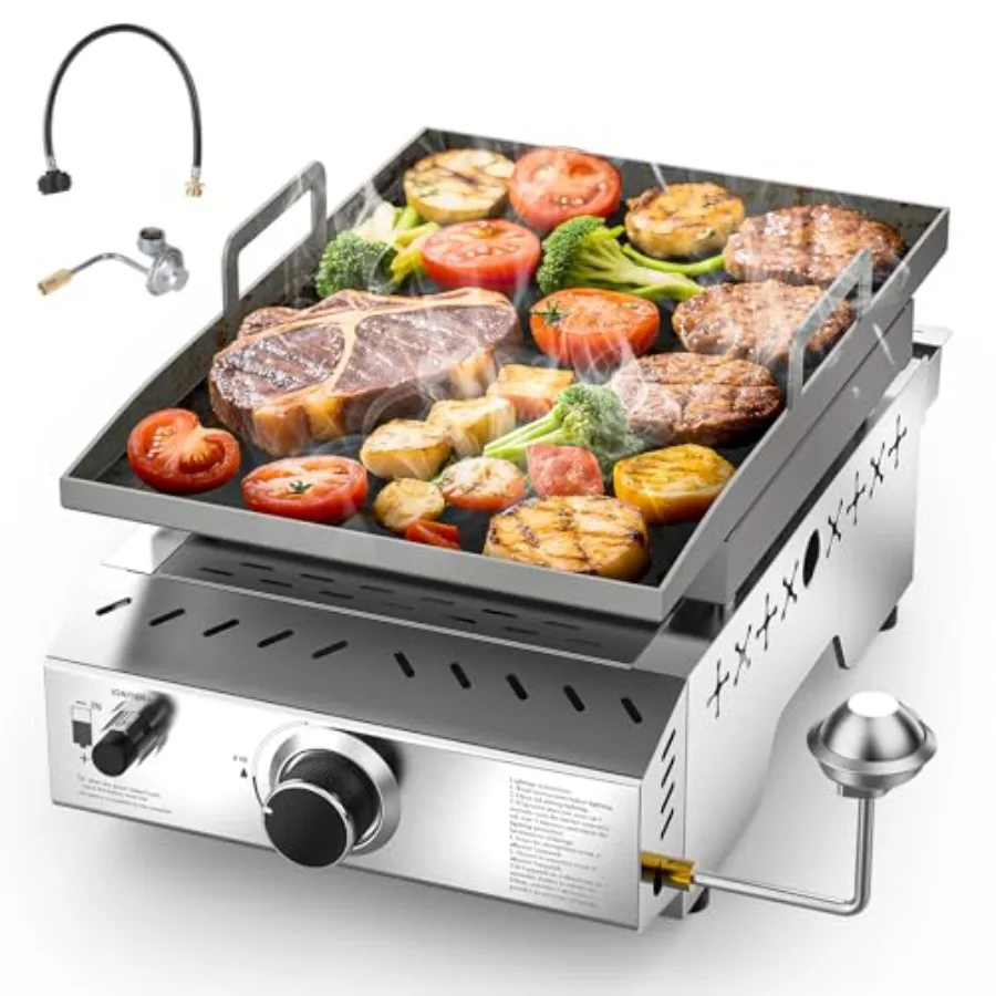 

Stainless Steel Tabletop Grill for Camping, Outdoor Tailgating: 18 Inch Portable Propane Griddle with Handle, 8000 BTU Flat Top