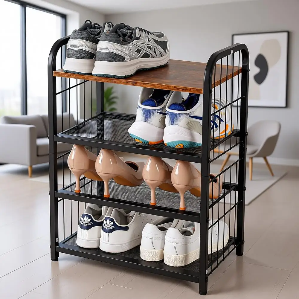 

4-Tier Metal Mesh Shoe Rack with Wooden Top and Guardrails for Stylish Storage