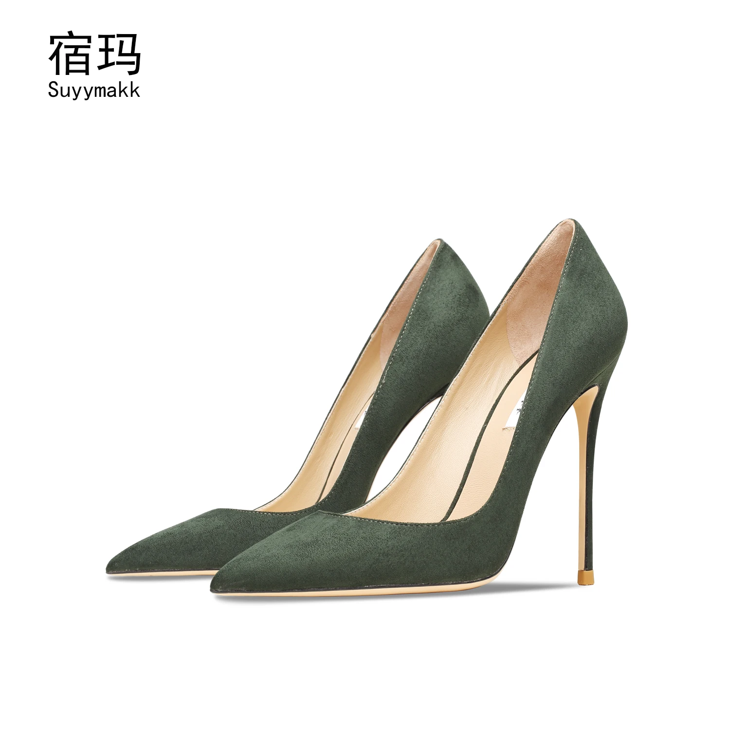 Real Leather Dark Green Suede High-heeled Shoes For Women 2025 New Stiletto Pointed Toe Shallow Mouth Elegant Comfortable Shoes