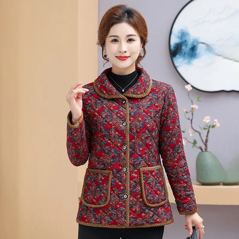 Fleece Jacket For Women Floral Cotton Coat Middle-Aged And Elderly Mothers Thick Hooded Winter Outerwear