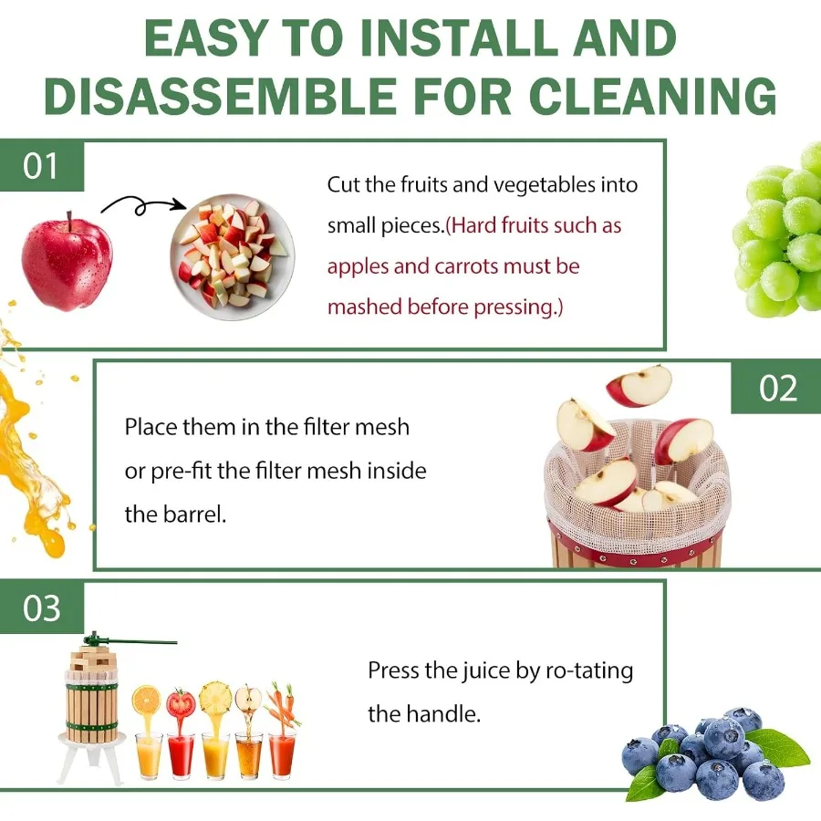 Fruitwijnpers, 3,2 gallon handmatige sapcentrifuge, appel-, druiven- en bessenbreker, 12 liter massief houten mand met 6 blokken, zware veeg