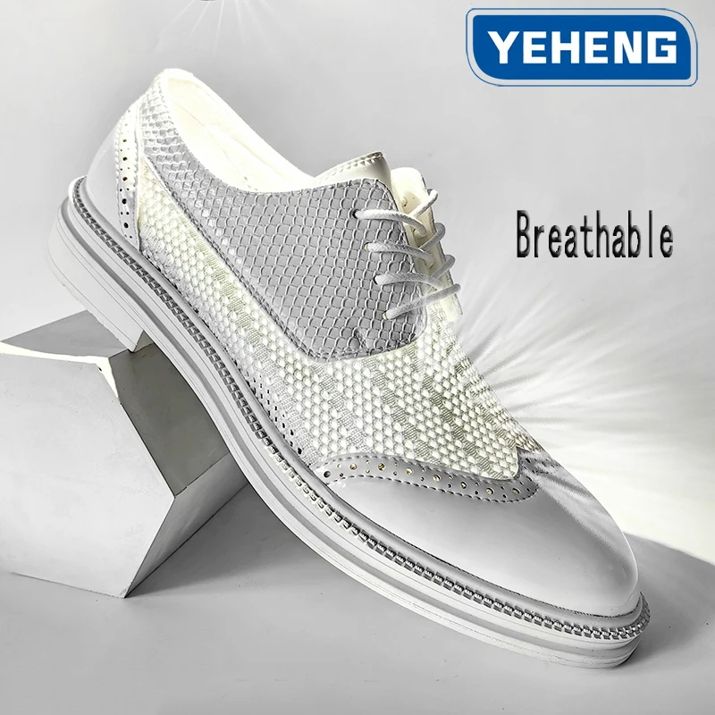 

Летние модные кожаные мужские туфли дерби с дышащей сеткой, белые броги, однотонные модельные туфли на шнуровке, мужские свадебные туфли для деловой вечеринки