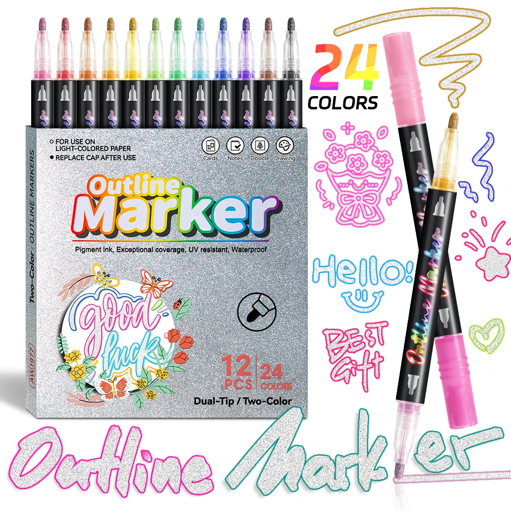 12 Colors Dual Tip Glitter Art Markers Metallic Paint Marker Pens DIY Crafts Birthday Cards, Making Poster, Album For Christmas