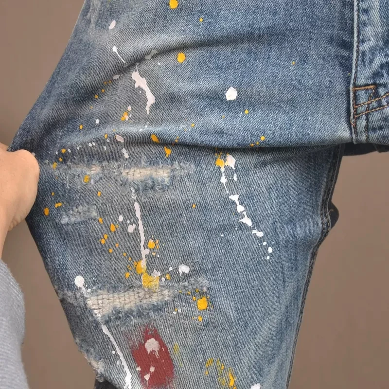 High Street Fashion Men Jeans Retro Blue Elastic Stretch Skinny Fit Ripped Jeans Men Painted Designer Hip Hop Denim Pants Hombre