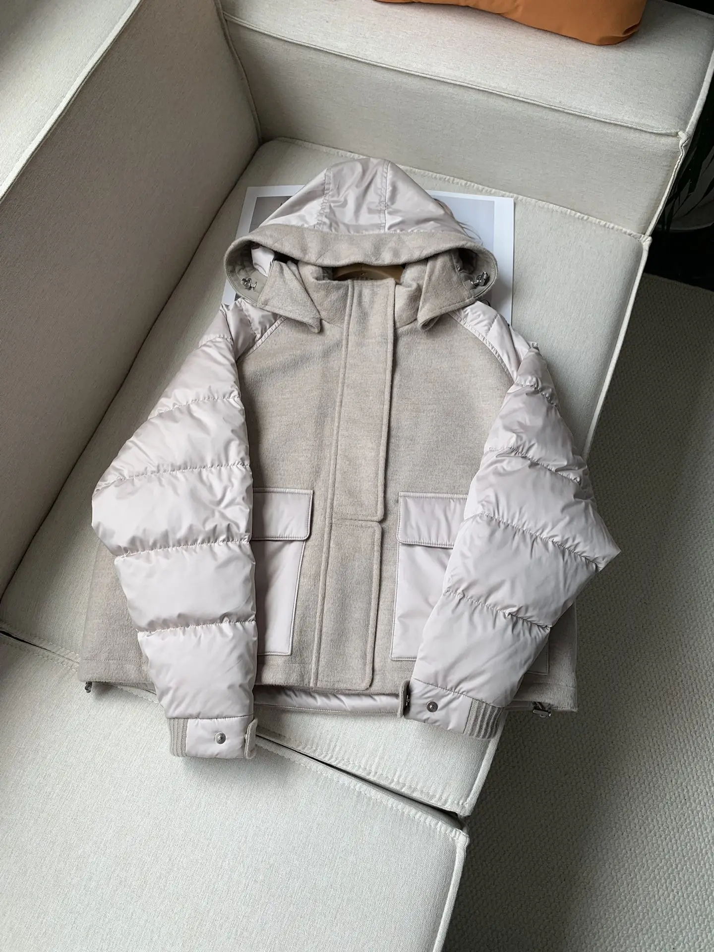 New High Quality Goose Down Hooded Cashmere Splicing Hooded Goose Down Jacket Female