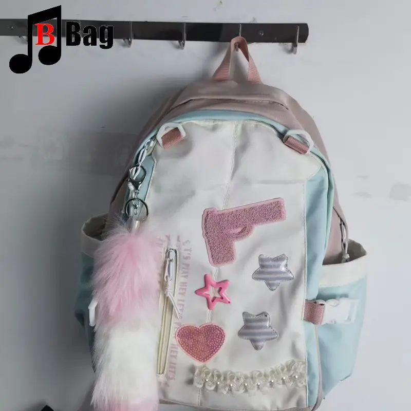 Harajuku Women Y2K Girl pink furry gun Backpack Students Large Capacity Backpacks book bag Computer Handbag School  Backpacks