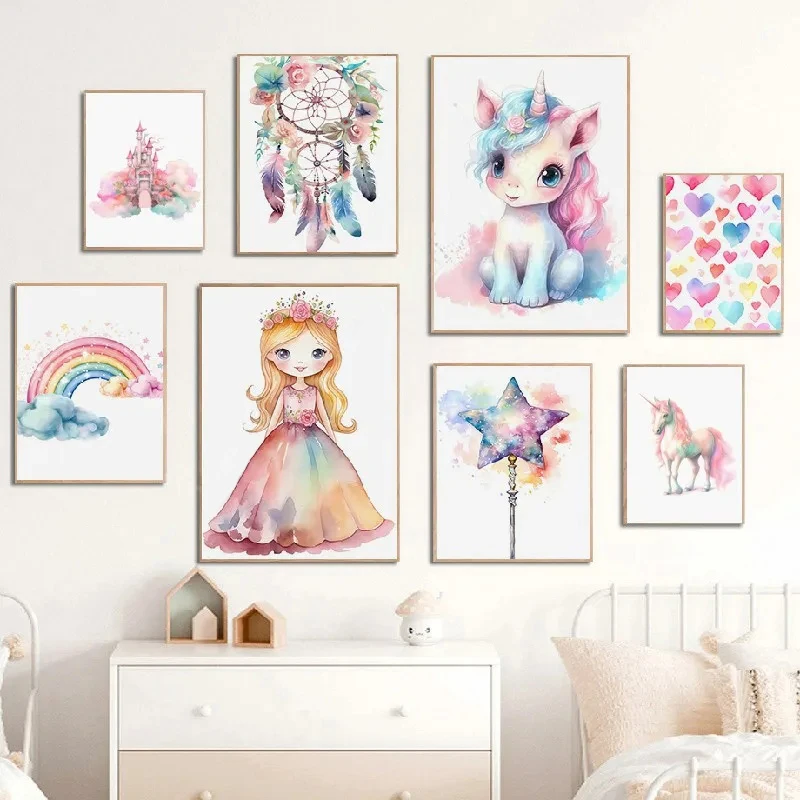 Dreamcatcher Princess Unicorn Girl Fairy Castle Colorful Wall Art Canvas Painting Posters and Prints Picture for Kids Room Decor