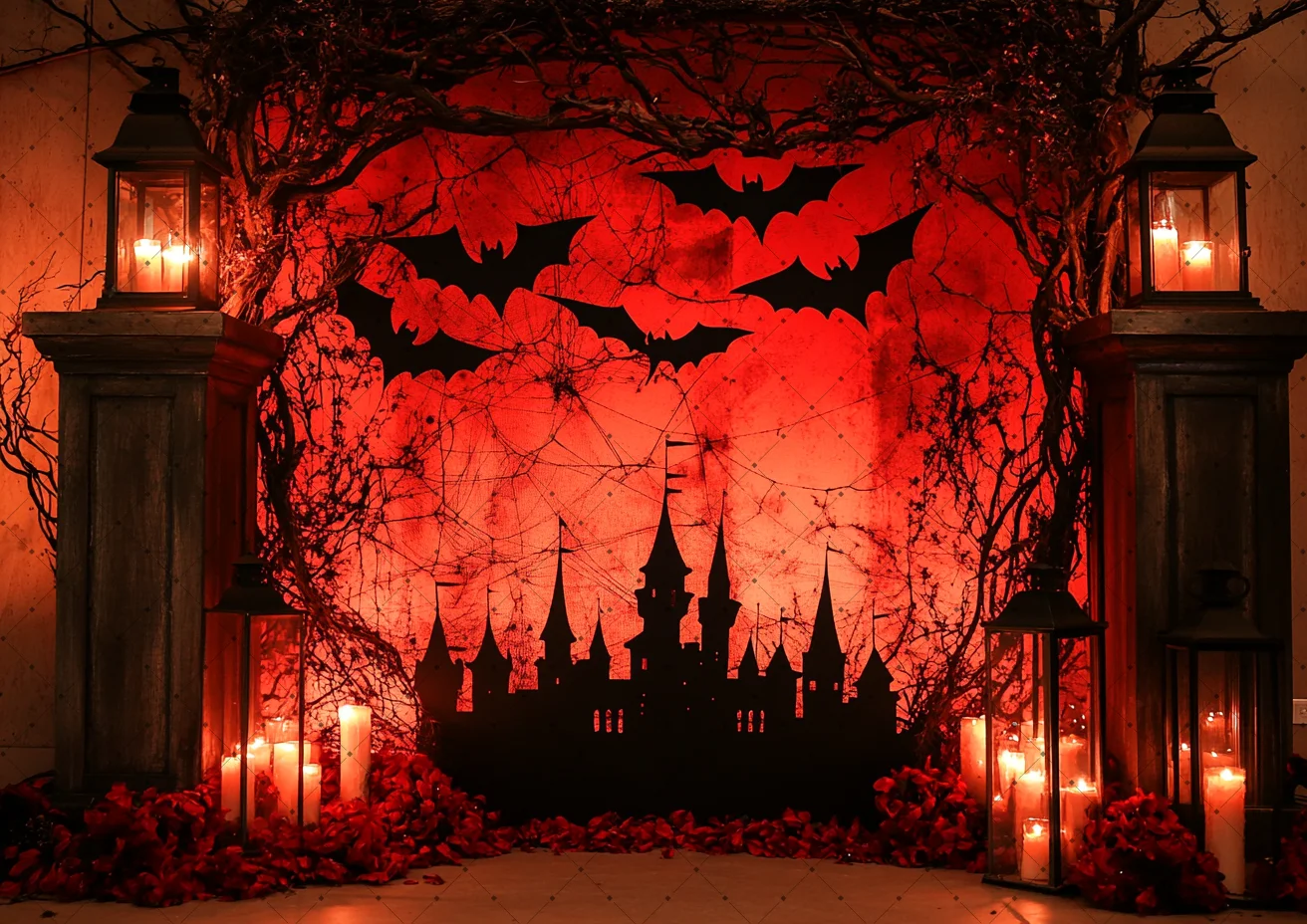 Halloween Gothic Castle Backdrop Red Dark Sky Vintage Candle Lantern Flying Bat Spooky Witch Scene Holiday Photo Background