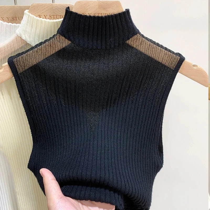 Mesh Gestrickte Top Frauen Y2K Tank Top Halbe Hals Weste Weibliche Ärmellose Pullover Chic Cut Out Streetwear Solide Dünne Weiße Rohr Top – Detail 6