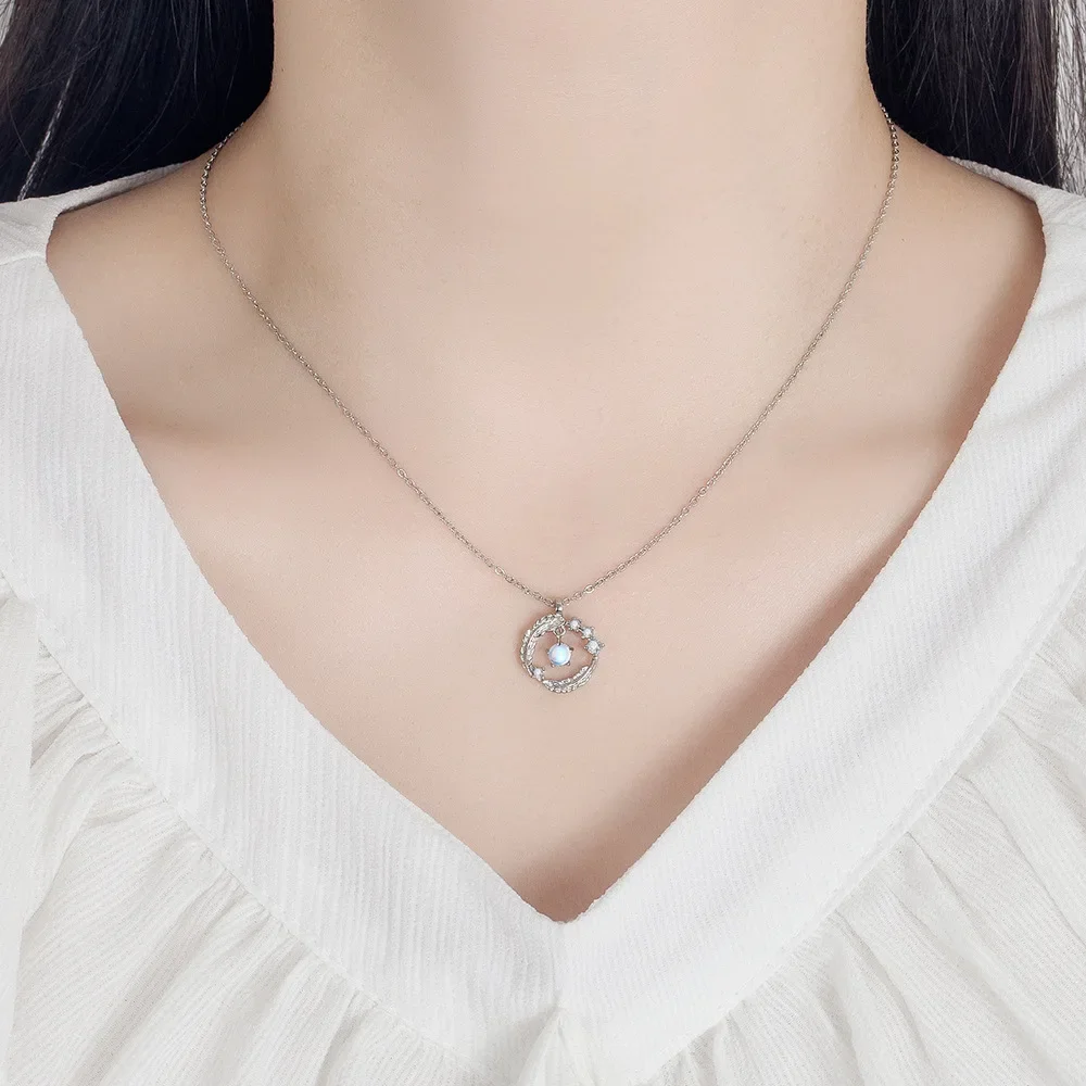 SUYIXIAN S925 argento Sterling pietra di luna piuma si accompagna collana orecchini braccialetto Set gioielli di fidanzamento regalo per le donne