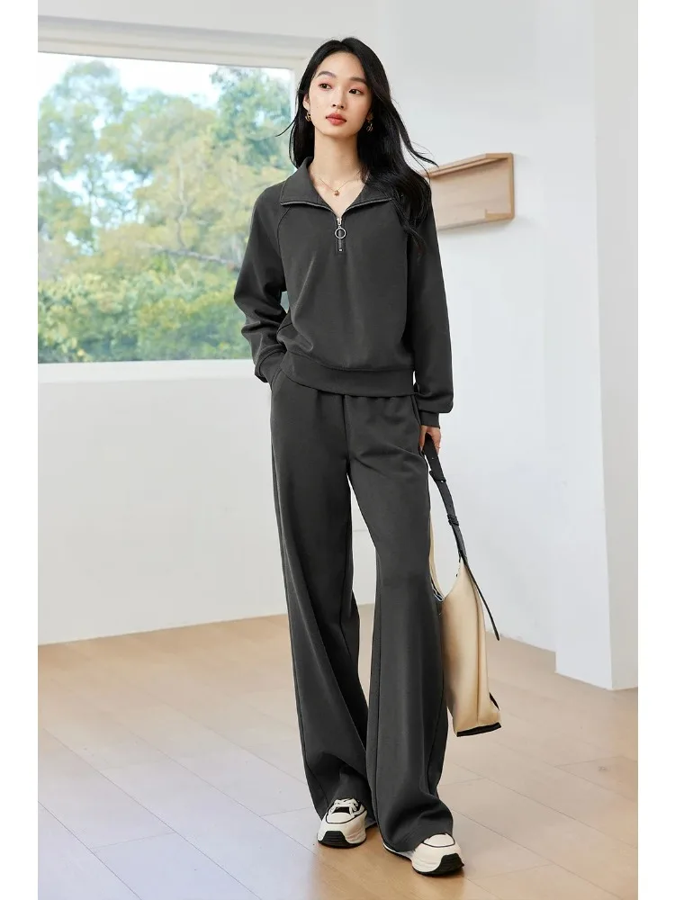 

VIMLY Women's Casual Solid Half Zipper Lapel Sweatshirt Pants Suits Chic Pants Set AutumnWinter Office Lady Simple Women Outfits