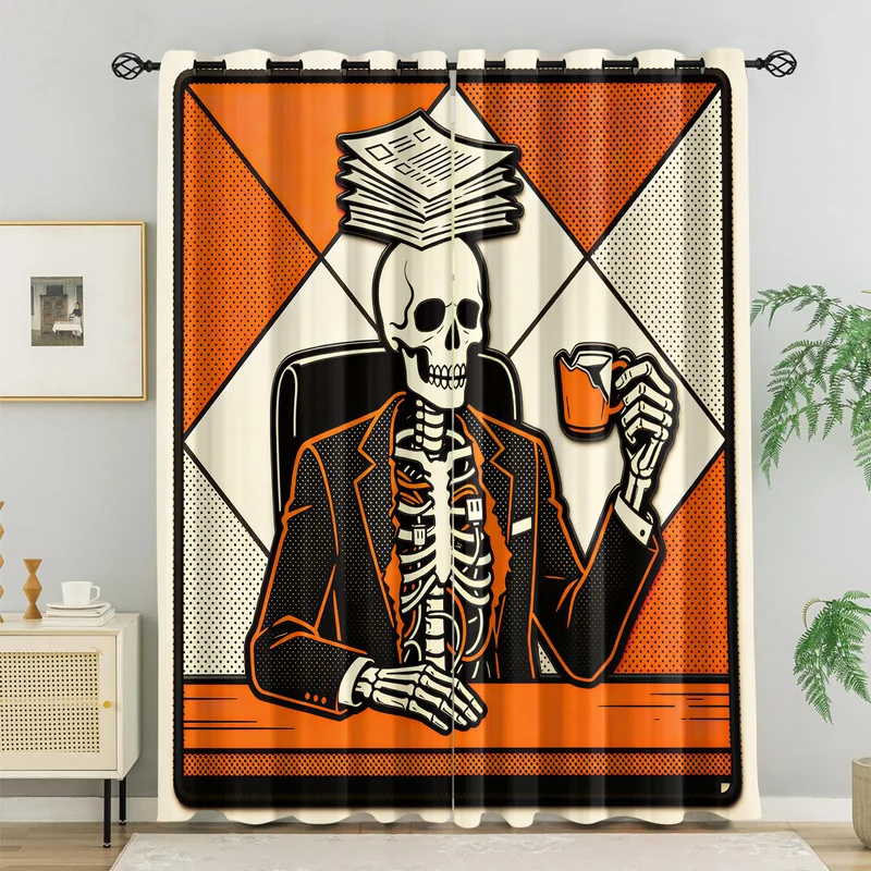 Gothic Office Skeleton Curtain Cartoon Cute Skull Worker Print Window Drapes Fashion Curtains For Bedroom Living Room Decor Gift